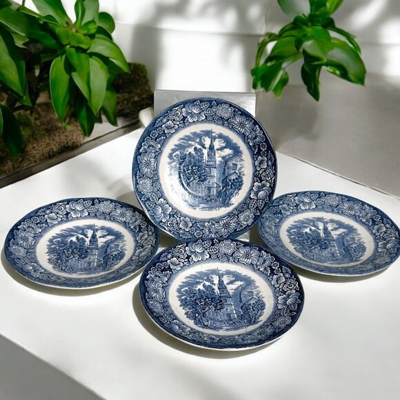 Set Of 4 Liberty Blue Historic Colonial Scenes Old North Church 5.5" Saucer - Picture 1 of 6